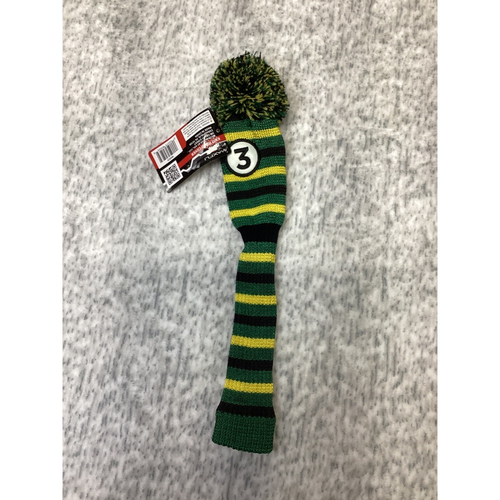 Maxfli Knit Fairway Wood Golf Club Head Cover Green Yellow Black Striped 3 Pom